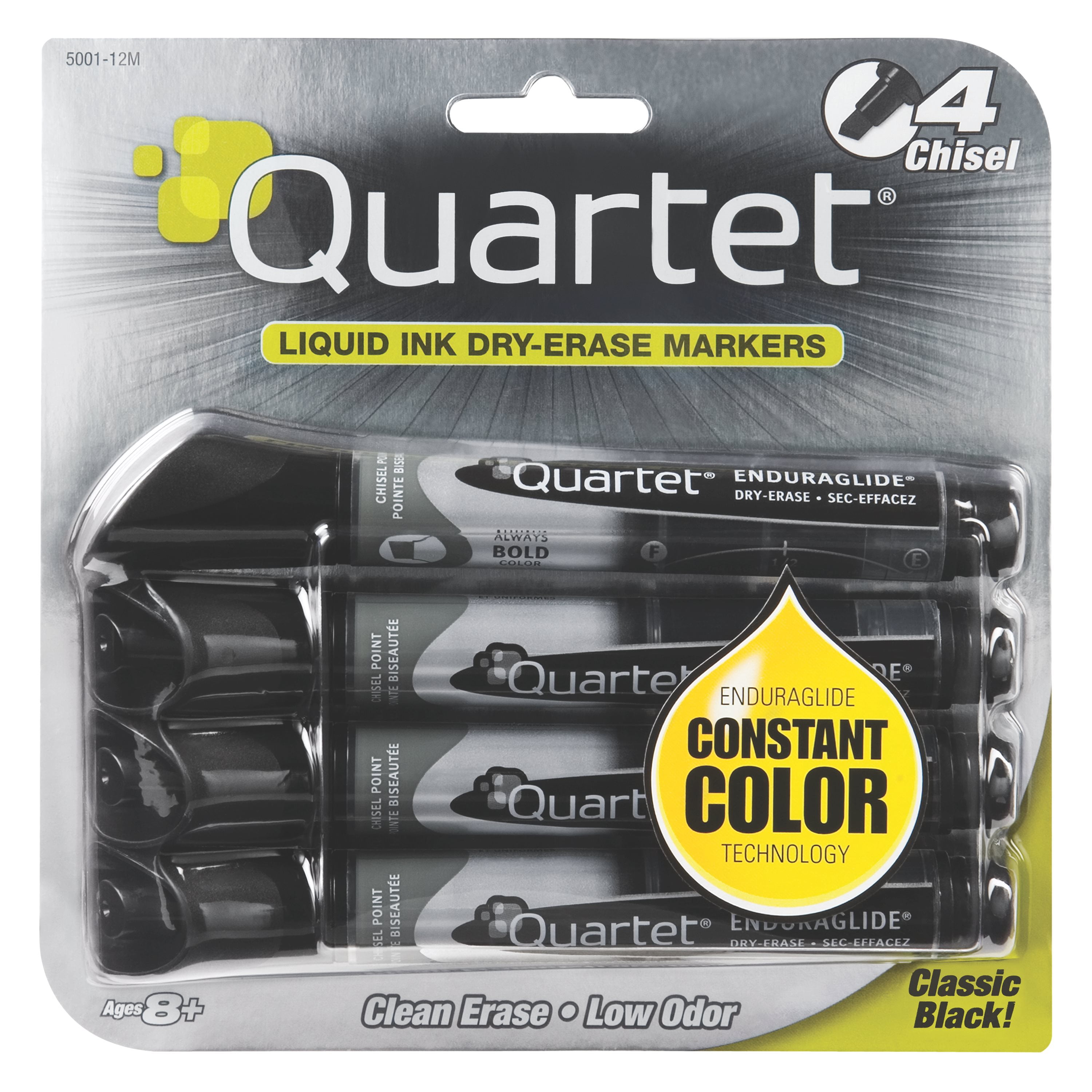 Quartet EnduraGlide DryErase Markers, NonToxic, Chisel Tip, Black, 4