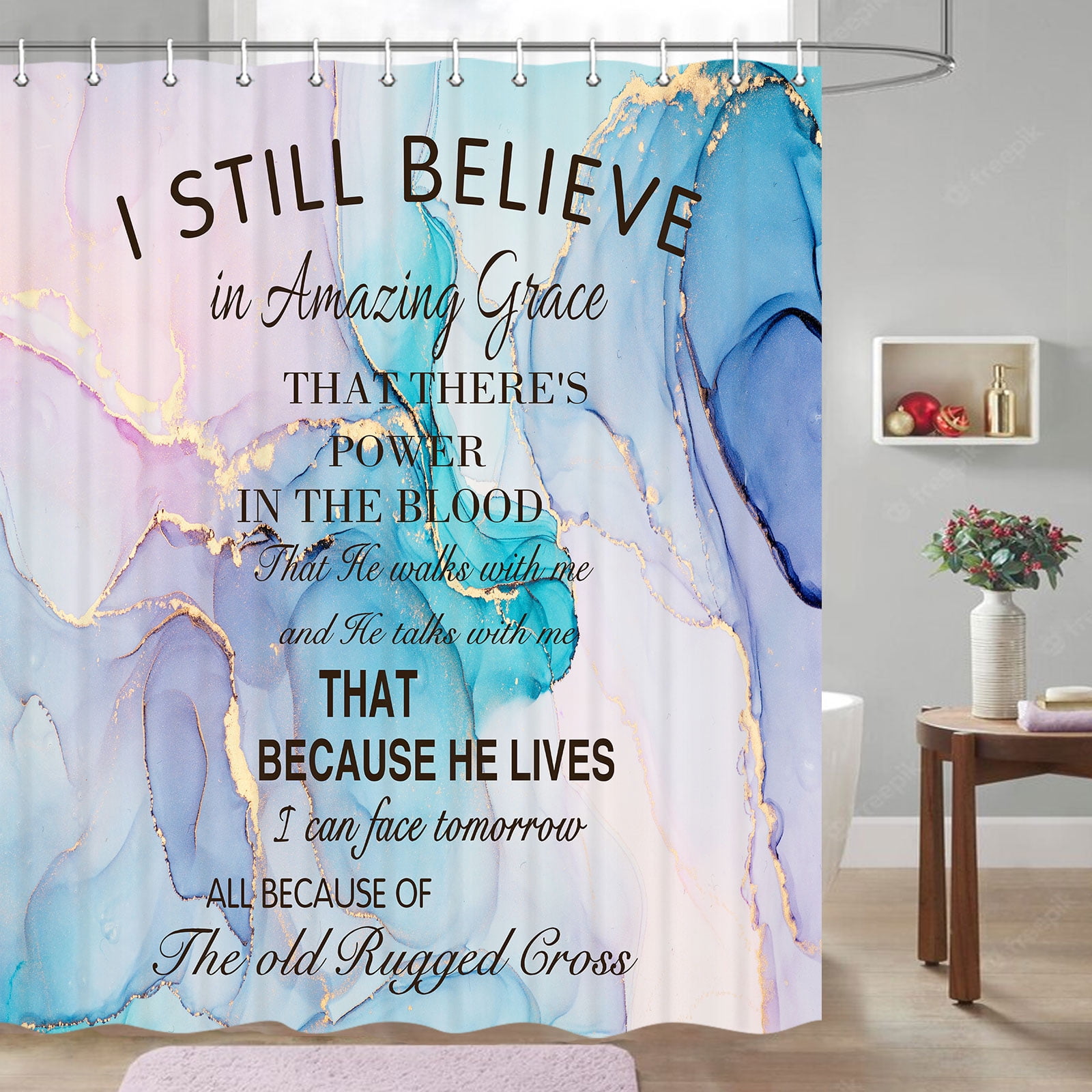 Inspirational Quotes Shower Curtain, Blue Butterfly White Cotton Flower
