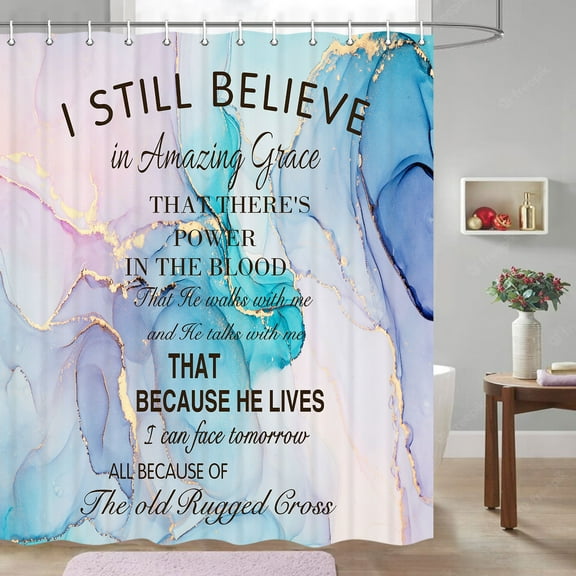 Inspirational Quotes Shower Curtain, Blue Butterfly White Cotton Flower Inspirational Quotes on Marble Shower Curtain Abstract Bible Verse Scripture Quotes Shower Curtain Set with Hooks(70"X70")