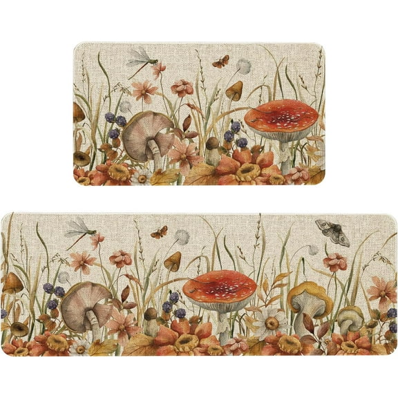 Fall Flower Kitchen Mat Set of 2,Autumn Mushroom Kitchen Rug,Thanksgiving Holiday Creative Decor Anti Fatigue Waterproof Stain Resistant Floor Rug Non Slip Cushioned Floor Mat 17x29 and 17x47 in