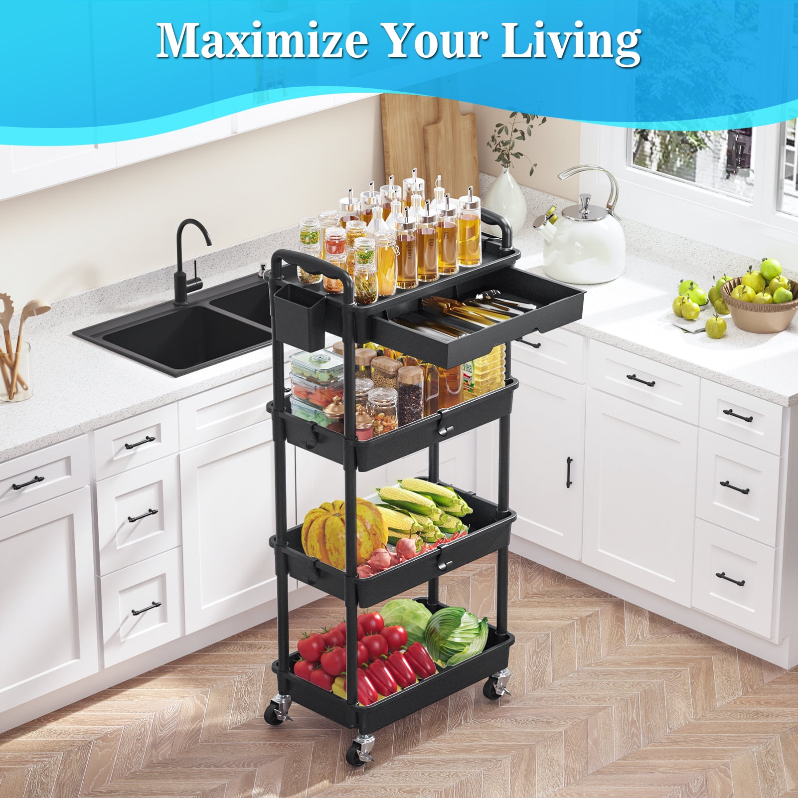 4 Tier Rolling Utility Cart with Removable Drawer, Bathroom Storage Organizer with 2 Lockable Wheels, Mobile Shelving Unit for Kitchen, Office, Snack, Craft, Makeup, Baby Essentials, Black