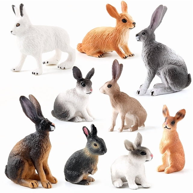 Juego de figuras realistas de conejo de PVC, modelos de conejos salvajes, 9 unidades