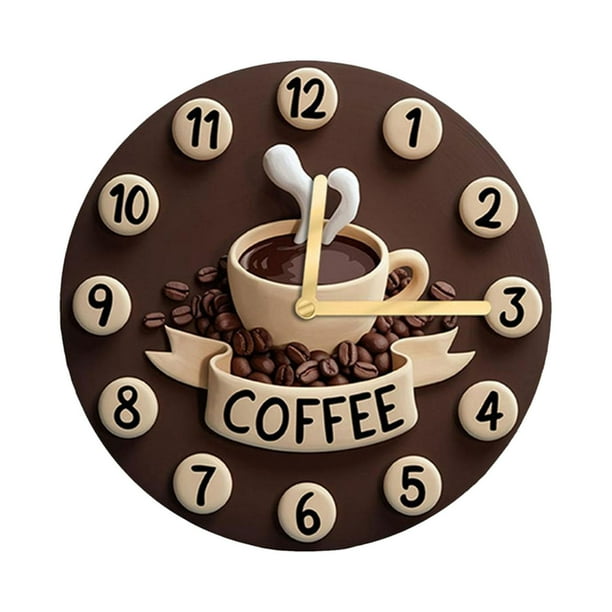 Reloj de pared con forma de taza de café, colección creativa de casa de campo en 2D, fabricado en madera tranquila, para 30 cm