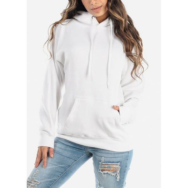 Moda Xpress - Womens Long Sleeve Hoodie Pullover Style White Sweatshirt ...