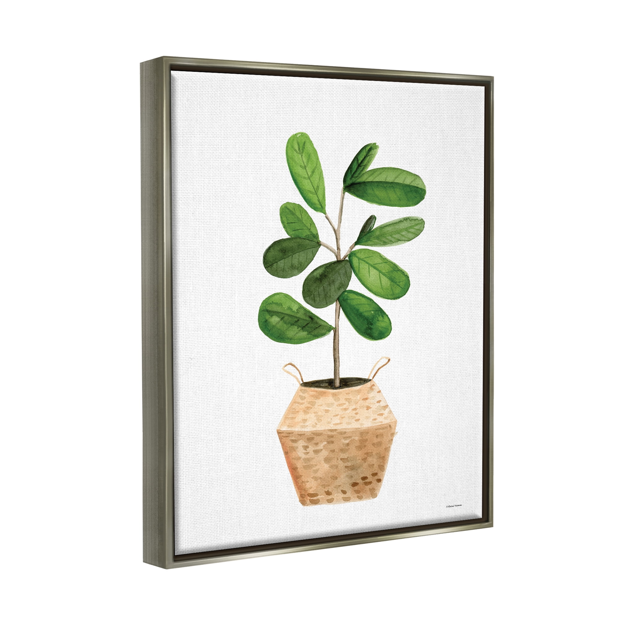 Stupell Round Green Leaves Planter Botanical & Floral Painting Gray Floater Framed Art Print Wall Art