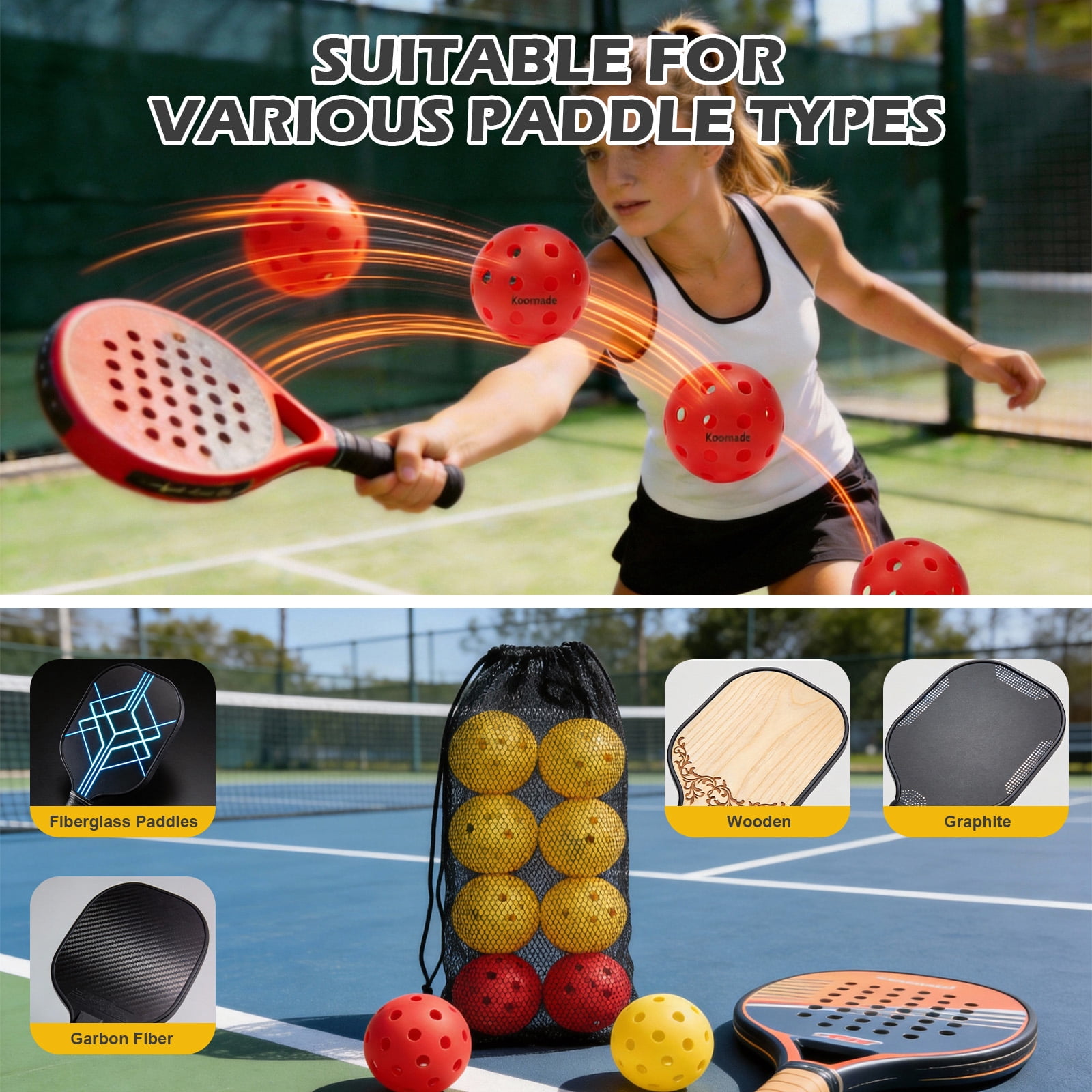 Koomade 8 Pack Pickleball Balls 40 Holes Indoor/Outdoor 6 Pack Yellow+2 Pack Red
