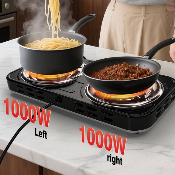 2000W Potable Electric Hot Plate for Cooking, Double Coil Electric Burner, Two Burner Electric Cooktop, Electric Stove with 2 Burner, Adjustable Temperature Control, Black