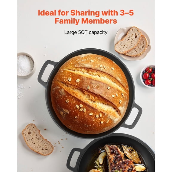 Cast Iron Dutch Oven, 2-in-1 Pre-Seasoned Pot with Skillet Lid, 5QT Cookware Pan with Proofing Basket, Bread Baking Accessories, Bread-Oven Compatible 500Fahrenheit
