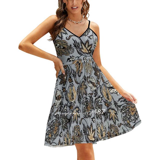 Protea Batik Hawaïen Floral Tropical-Argent Robe Évasée Col Carré Robe Élégante Mode Féminine Robe Imprimée Hawaïenne