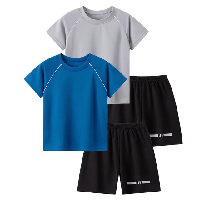 Odeerbi Conjunto Deportivo de Niños de 2 Paquetes Con Rayas Reflectantes, Trajes Deportivos de Secado Rápido Transpirable, Conjunto de Pantalones Cortos de Camiseta de 2 Piezas, 5-12 Años