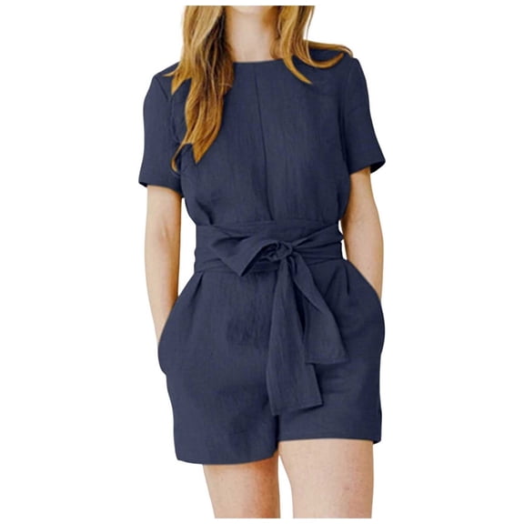 Kureaily Women Short Sleeve Suit Solid Pocket Casual Jumpsuit With Belt Work Casual Jumpsuit