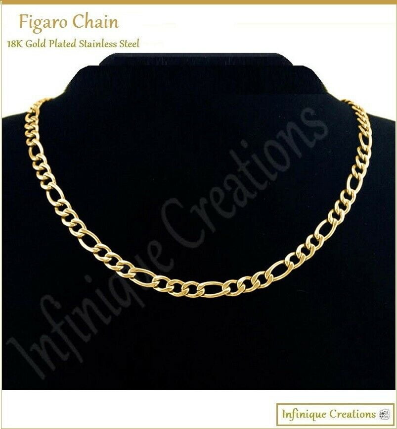 Infinique Creations - 18K Gold Plated Stainless Steel Figaro Chain Bracelet Necklace 7-38" 3-12mm