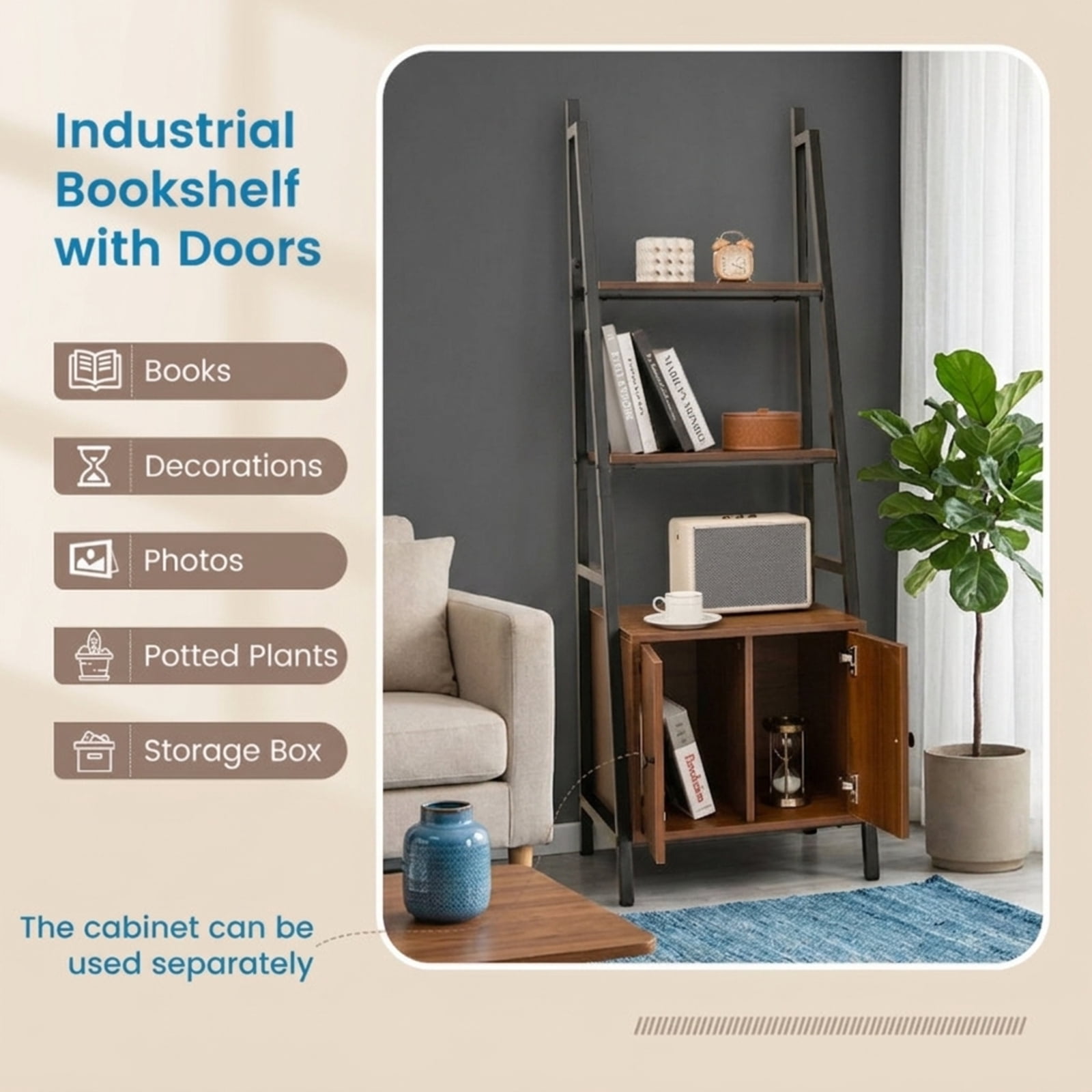 Furnibear 4-Tier Ladder Shelf with Cabinet and Metal Frame Rustic Brown, 21" x 16" x 63" - Open Storage Display Rack for Home Office