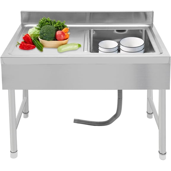 Stainless Steel Restaurant Sink Commercial Kitchen Sink 39x20In Single Bowl Sink Free Standing Sink without Faucet Utility Sink with Large Countertop for Cafe Bar