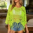 thumbnail image 2 of UOCUFY Women Plain Fringe Cut Out Sheer Knit Crochet Cover Up Three Quarter Sleeve Hollow Out Sweater Shirts Swimsuit Coverups Wear (Light Green, S), 2 of 4