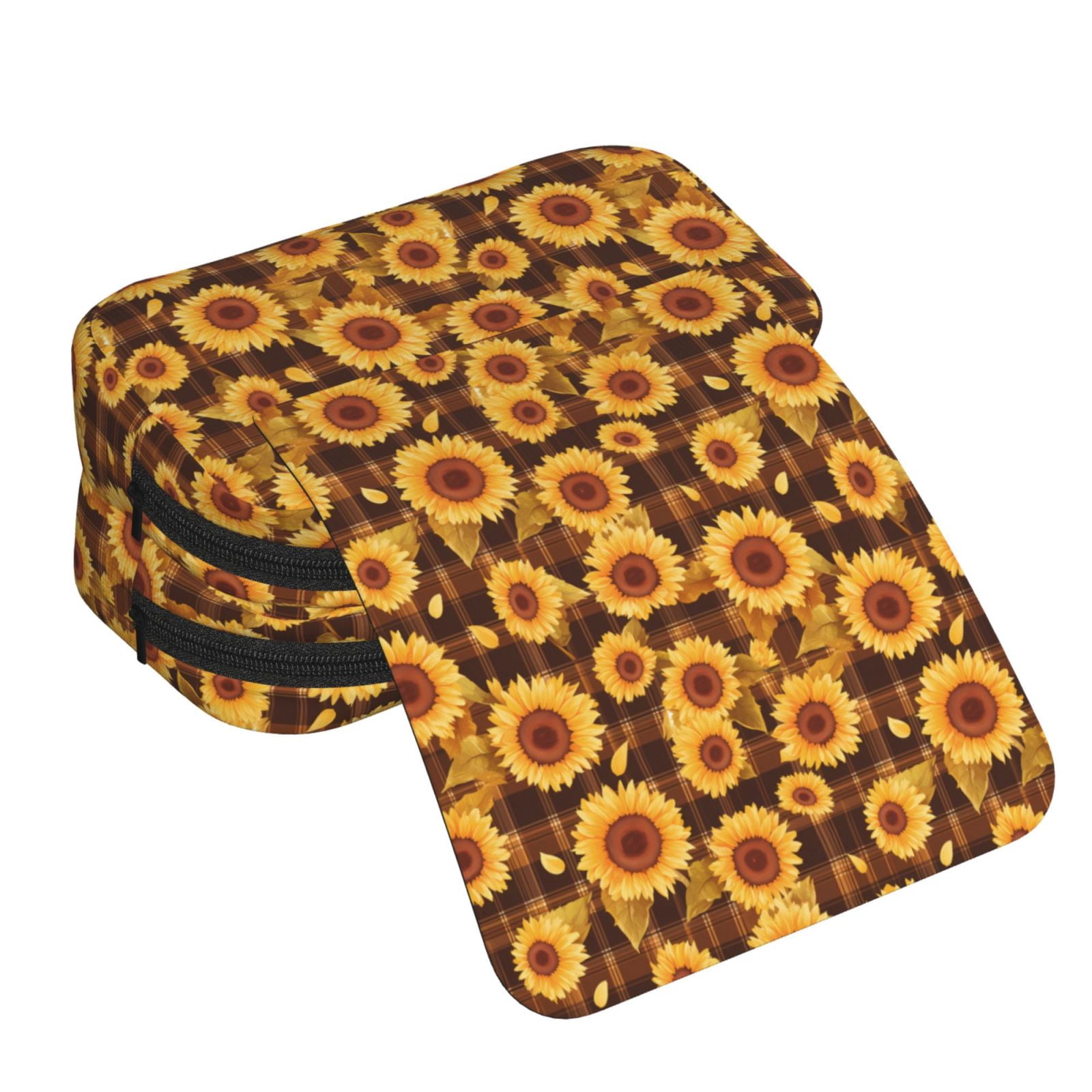 Rateoe Vintage Brown Plaid Sunflower Pattern Double Clamshell Pen Case, Storage Organizer with Two Zipper Compartments– Holds Up to 50 Pencils & Pens