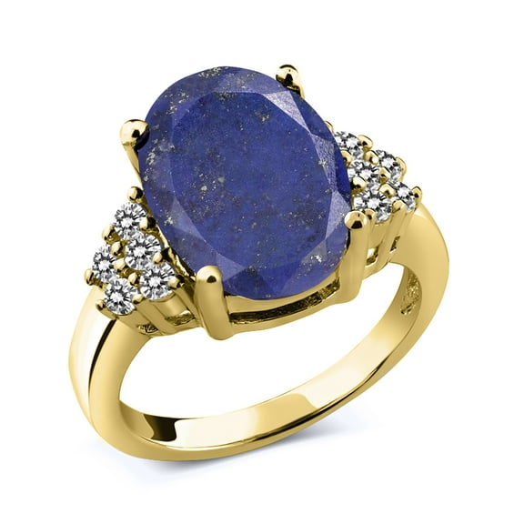 Gem Stone King 4.33 Ct Oval Blue Lapis White Diamond 18K Yellow Gold Plated Silver Ring (Size 5)