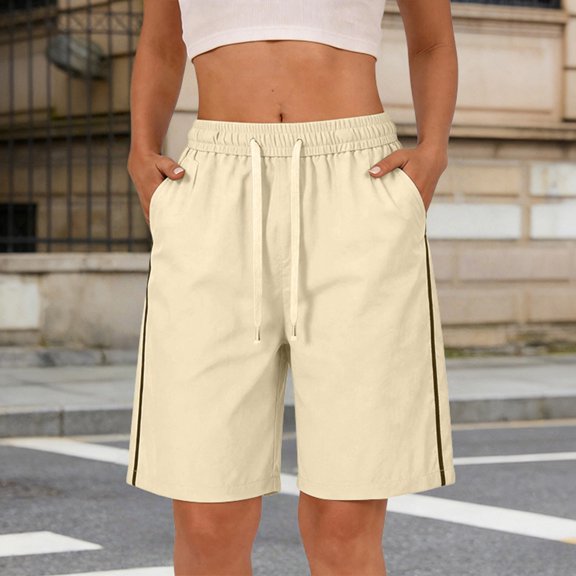 WCJM Casual Pants Women's Summer Flat Cloth Shorts High Rise Elastic Drawstring Loose Above Knee Casual Daywear with Pockets