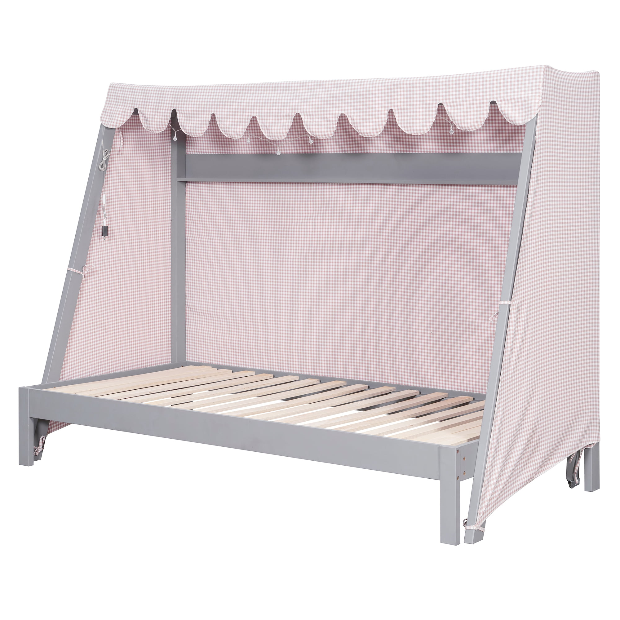 Mintazer Twin XL Platform Bed with LED Light, Trundle, Storage Shelf & Tent for Kids, Gray