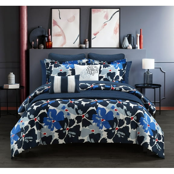 Chic Home Malea Comforter And Quilt Set Contemporary Floral Print Bed In A Bag - Sheet Set Decorative Pillows Shams Included - 12 Piece - Queen 90x90", Blue