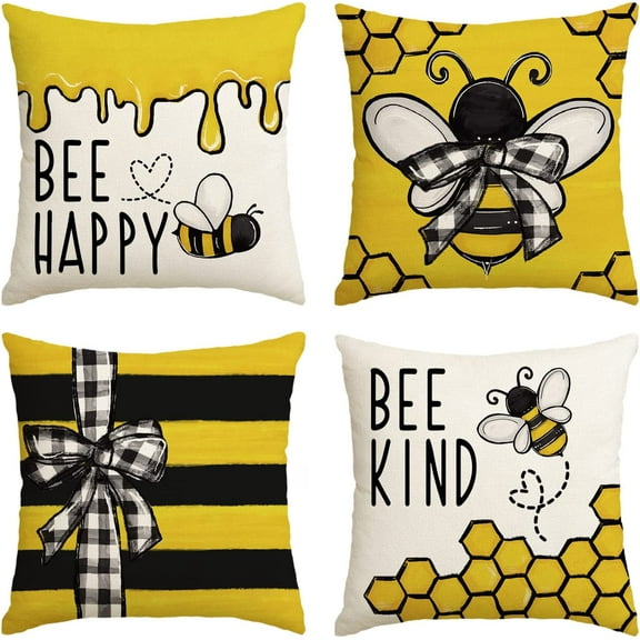 Happy Bee Throw Pillow Covers, 18 x 18 Inch Honey and Bee Summer Cushion Case Decoration for Sofa Couch Set of 4