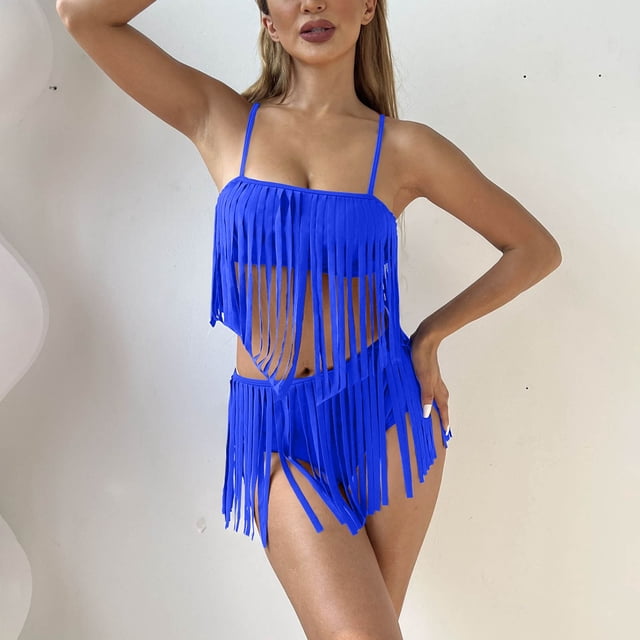 Trajes de baño tankini para mujer Trajes de baño de dos piezas con borlas de color liso y tirantes con hebilla en la espalda para mujer Trajes de baño para mujer Trajes de baño tankini para mujer