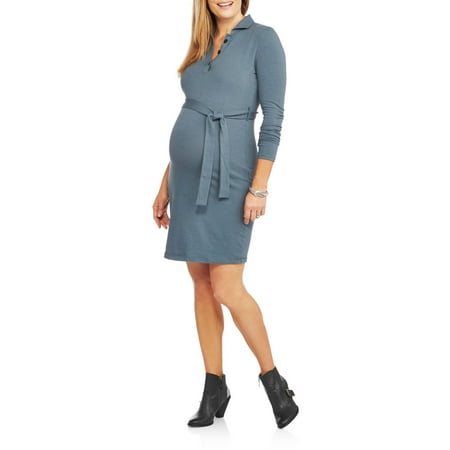 Maternity Long Sleeve 3 button placket collared dress with tie belt