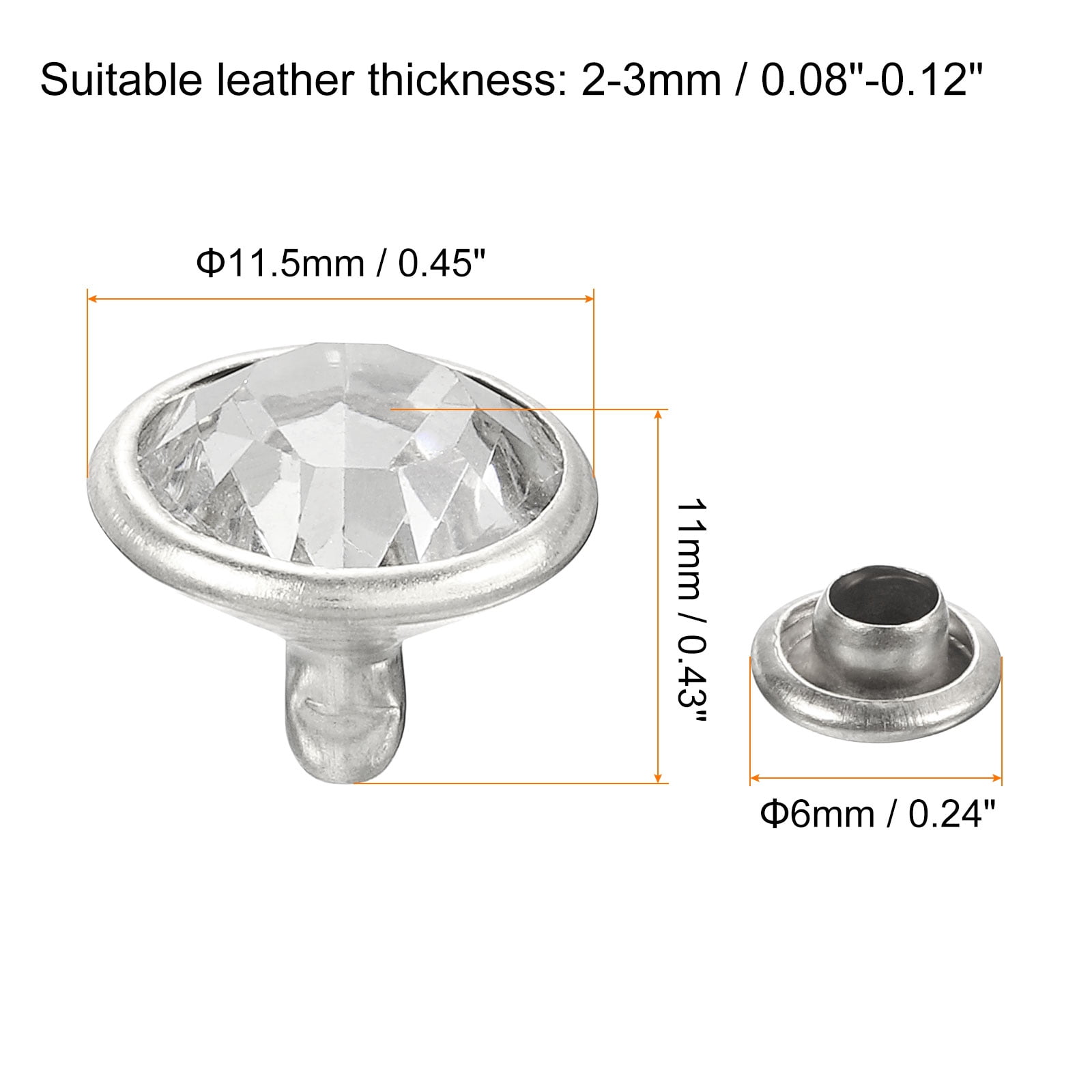 200Pack Silver Rhinestone Rivets, 11.5mm/0.45" Leathercraft Rivets Crystal Rivets for DIY Leather Craft Making