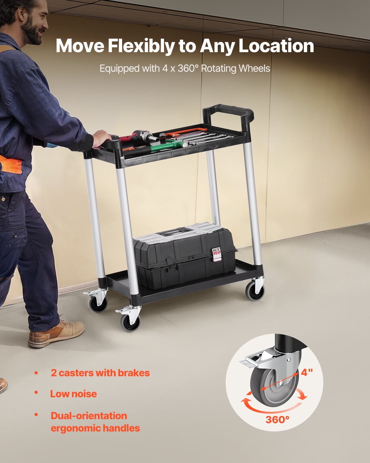 VEVOR Utility Cart, 300 lbs Load Capacity, 2-tier Utility Plastic Cart with 360° Swivel Wheels (2 with Brakes), 24.4 x 16.1-inch Food Service Cart for Warehouse, Office, Home, Restaurant, Kitchen