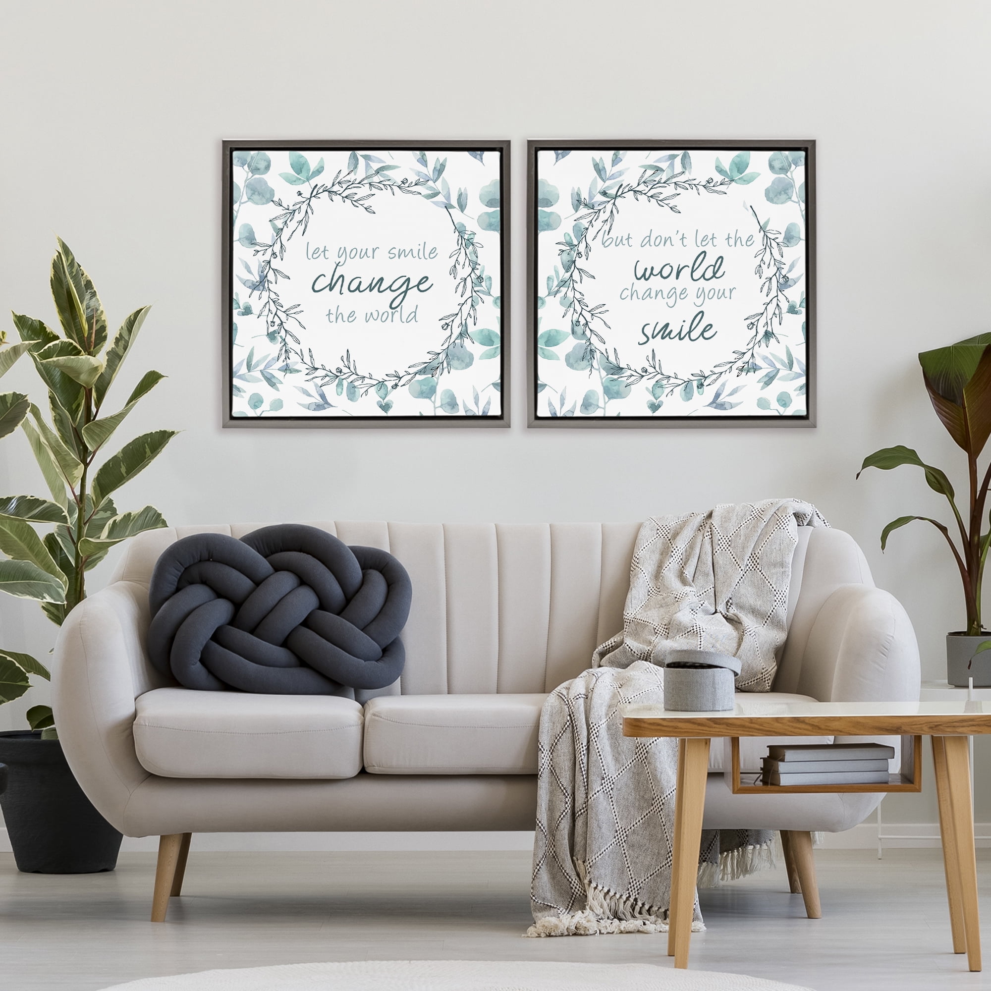 Stupell Industries Inspirational Smile Quotes 2 Piece Gray Framed Floater Canvas Set, design by Kim Allen