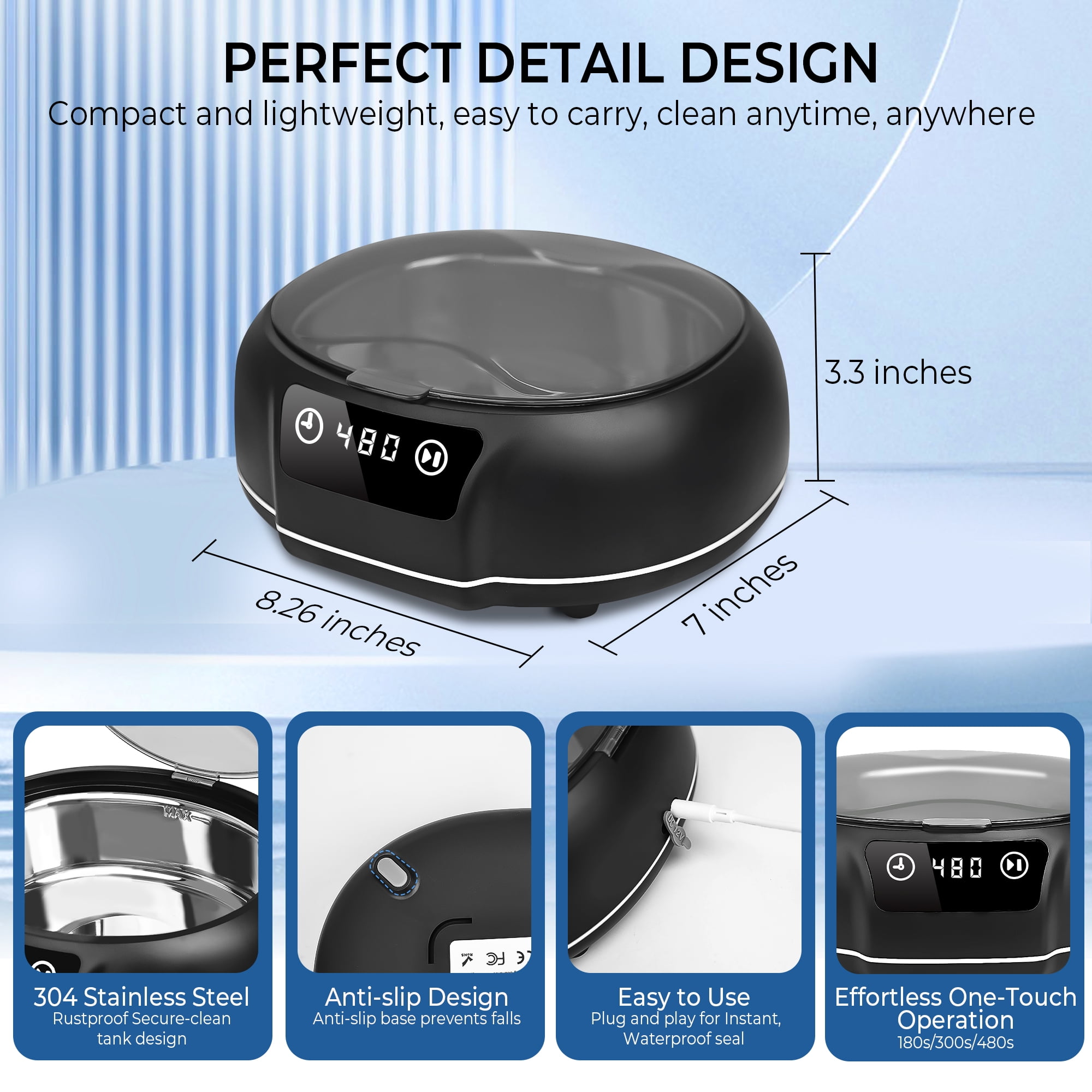 Bokyan Ultrasonic Jewelry Cleaner, 50 kHz Retainers Cleaner Machine 20 Oz Capacity with 304 Stainless Steel for Necklaces, Eyeglasses, Rings, Dentures, Black