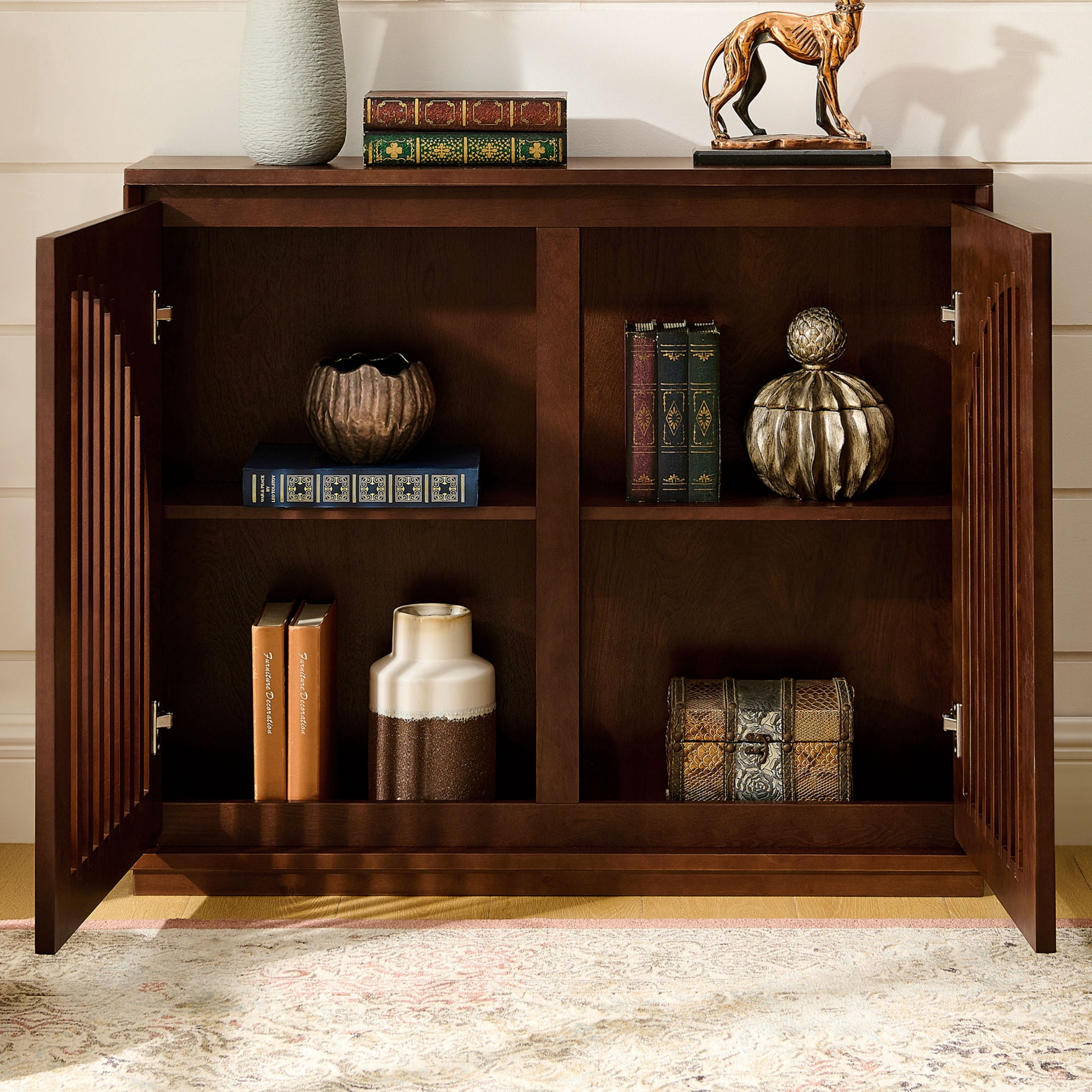 GDF Studio 39" Mid Century Modern Fluted Sideboard Cabinet with 2 Outlet Holes, Dark Walnut