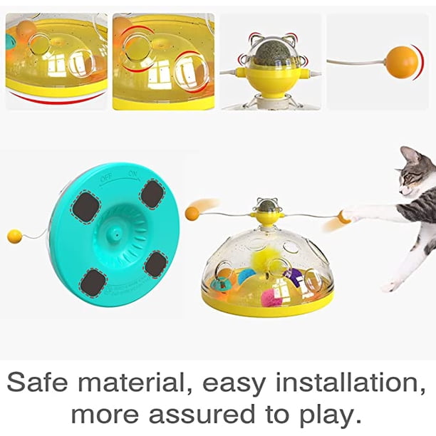 Juguete Interactivo Para Gatos Auktransceler 3 En 1 - Con Plumas, Hierba Gatera Y Base Oscilante 360°, Color Amarillo Fluorescente