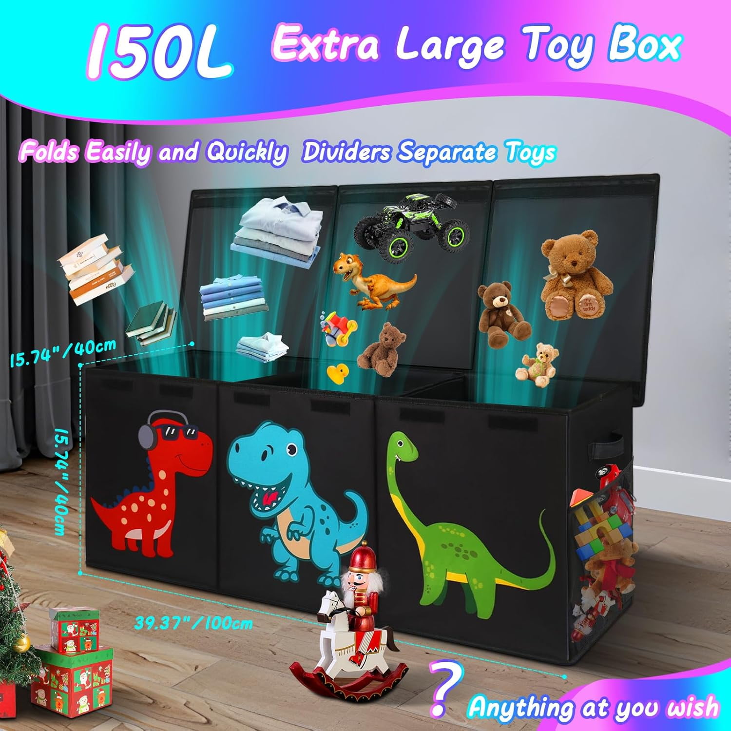 Toy storage box with lid, dinosaur toy box, unisex, 40" x 16" x 16" size, suitable for living room, playroom, bedroom, nursery.