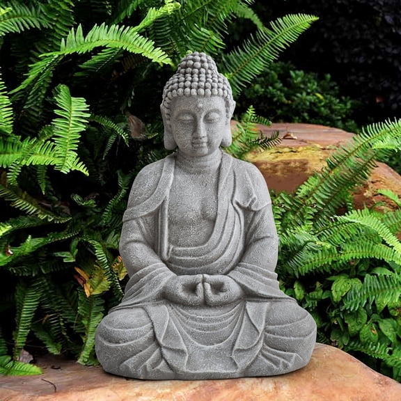 Sunjoy Buddha Statue 14.17 in. L x 11.42 in. W x 20.08 in. H Large Sized Buddha Garden Statue Gray Decorative Outdoor Buddha Statue