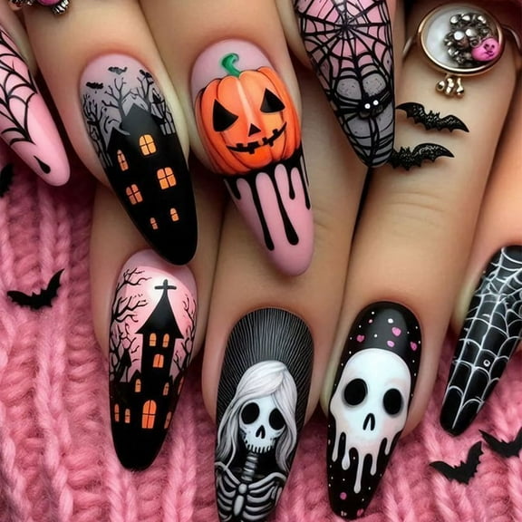 Yoyauz 24pcs Almond Shaped Nail, Fake Nail, Pink Ghost Design, Charming Acrylic Nail, Halloween Suitable For Girls And Ladies