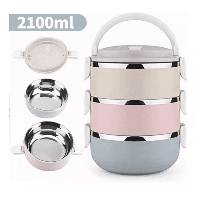 Toper Termico De 3 Pisos Lunch Box Fiambrera Escuela Oficina gris/rosa/beige