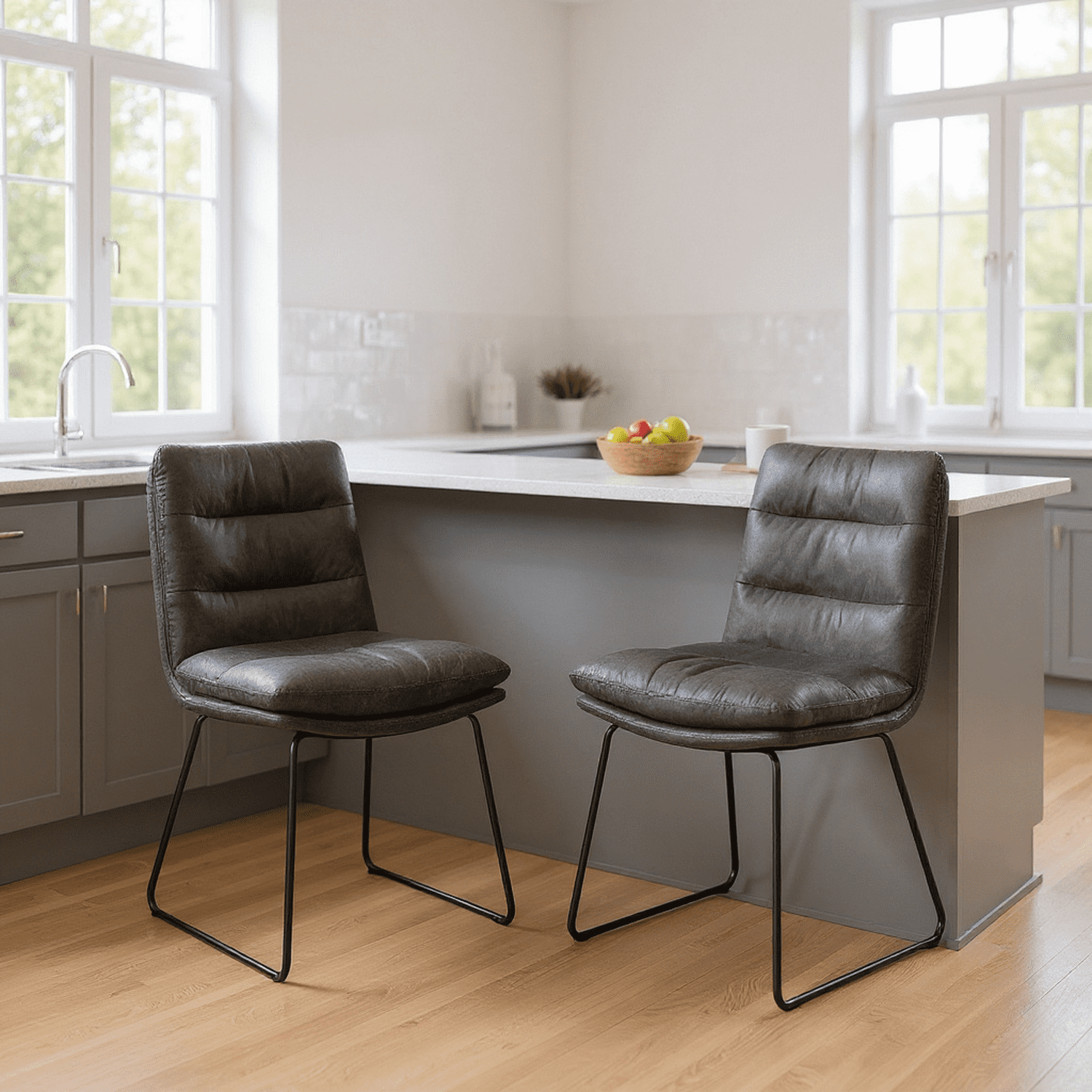 Homy Casa Set of 2 Upholstered Faux Leather Dining Chairs with Modern Sled Base and Ergonomic Design