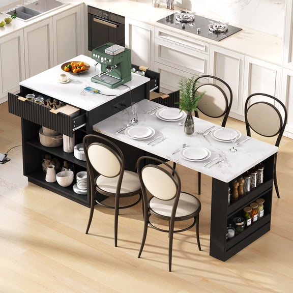 82.6" Fluted Kitchen Island with Extendable Dining Table for 4-6, Island Table for Kitchen with Power Outlet, Kitchen Table with Double-Side Storage, 2 Drawers 2 Side Open Shelves