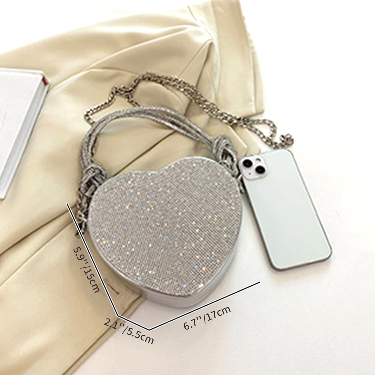 Silver Crossbody Purse, Heart Purse Evening Clutch Small Shoulder Purse Rhinestone Purse Crossbody Bag for Women