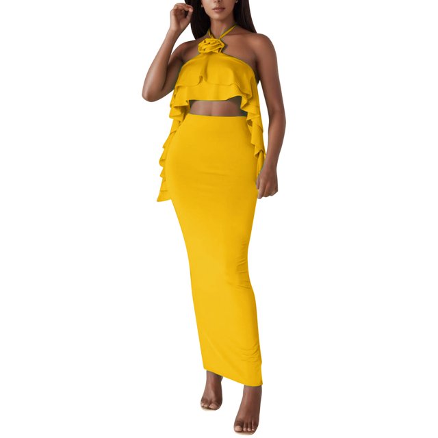 Gibobby Vestido largo para mujer Top corto sin tirantes de color liso para mujer con escote con volantes y falda larga con abertura lateral en la ci(Amarillo,M)