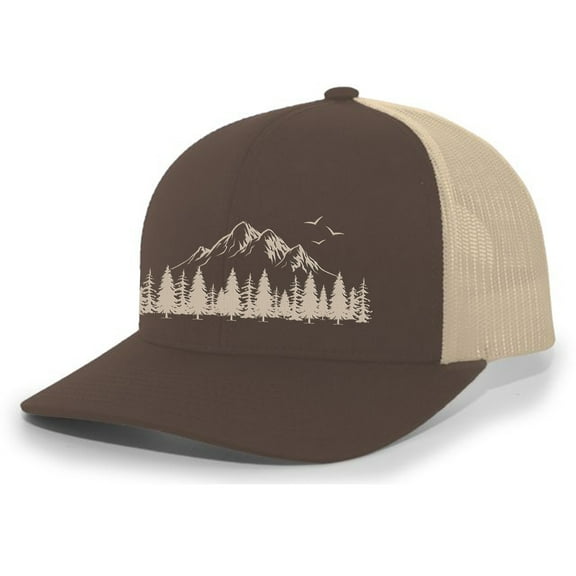 Mountain Scene Tamarak Pine Forest Embroidered Mesh Back Trucker Hat, Brown/Khaki