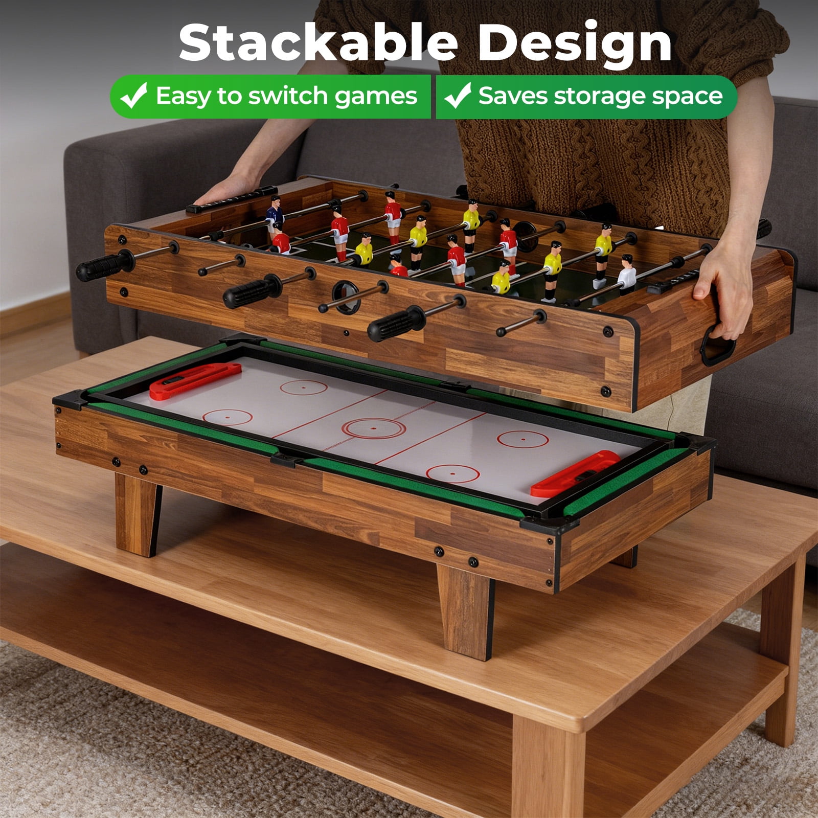 Patiojoy 4 in 1 Combo Game Table Set Foosball Table w/ Billiards Ping Pong Hockey & Complete Accessories Natural
