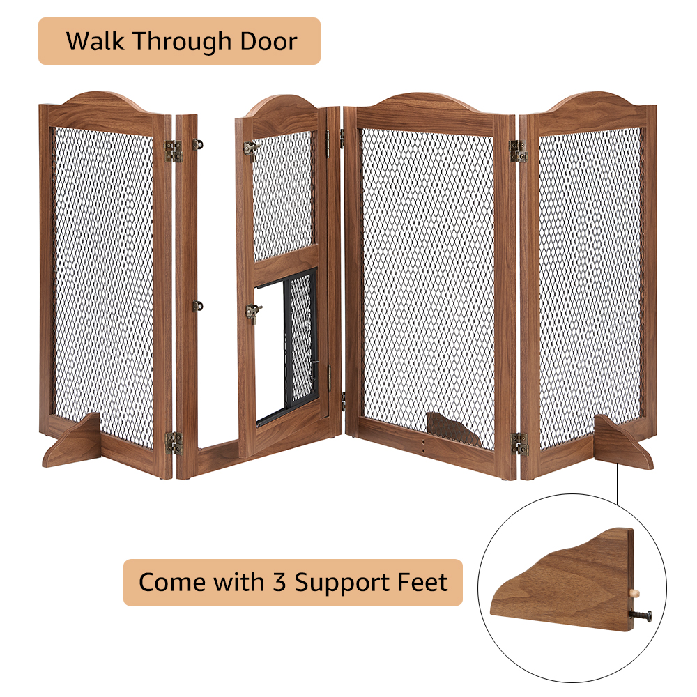 Unipaws Freestanding Pet Gate with Small Cat Door, Wooden Dog Gates with 3 Support Feet, Walnut