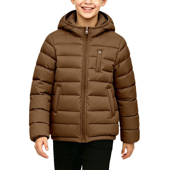 Owordtank Boys Hooded Quilted Puffer Jacket Full Zip Warm Casual Outerwear With Multi Zipper Pockets