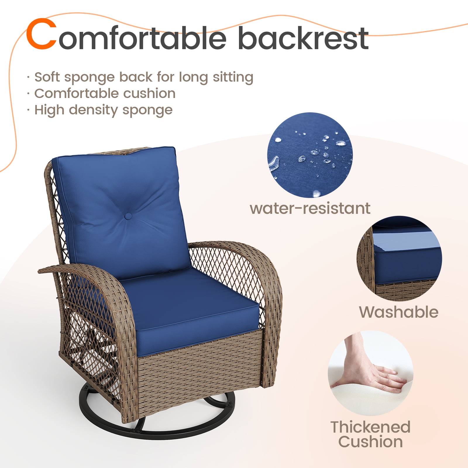 MRUAKA 3 Pieces Patio Furniture Set, Outdoor Swivel Gliders Rocker, Wicker Patio Bistro Set w Rattan Rocking Chair, Glass Top Side Table Thickened Cushions for Porch Deck Backyard (Navy)