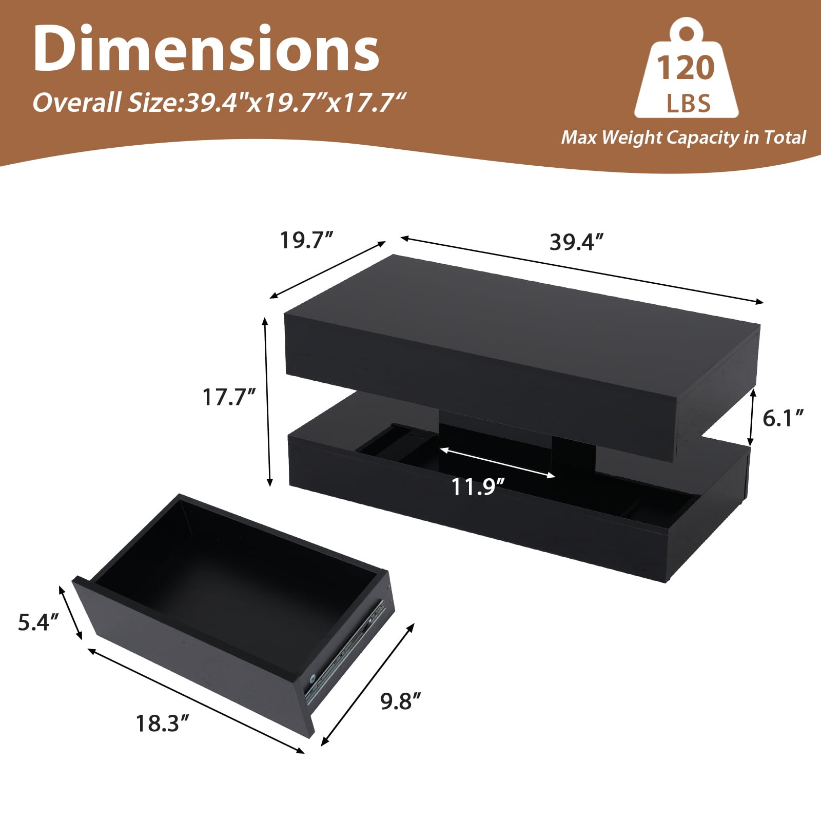 JOIVI LED Coffee Table with 2 Storage Drawers, Modern High Gloss Coffee Table, 2 Tiers Rectangle Center Table, 16-Color LED Lights, Black