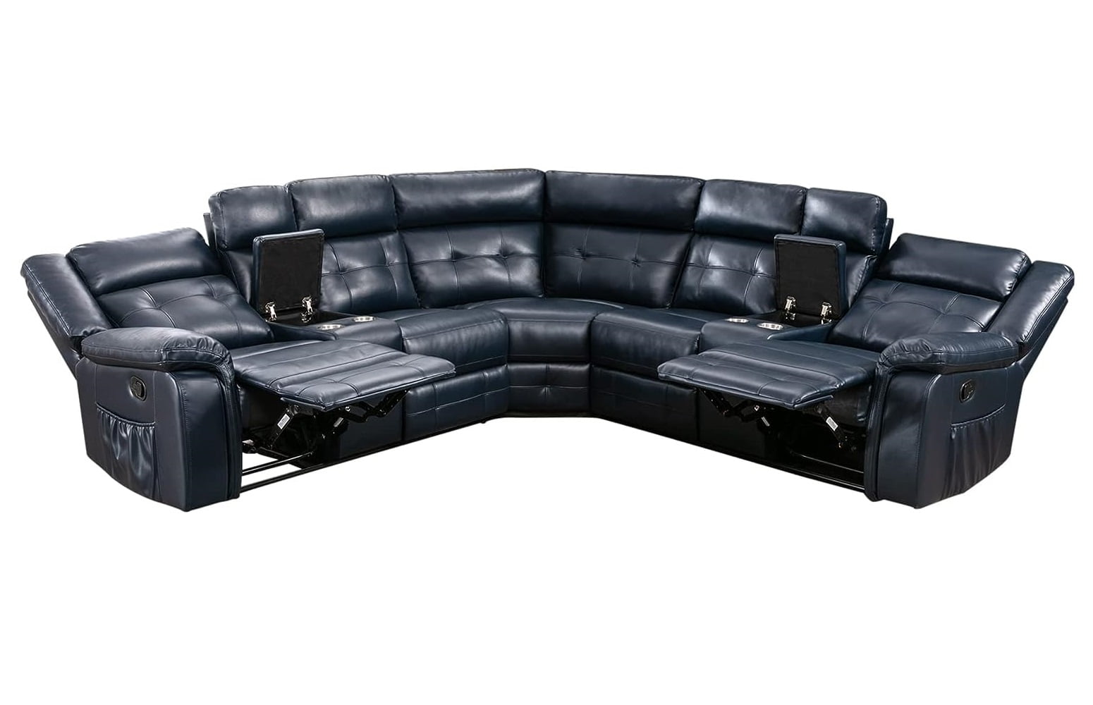 Nathaniel Home, PU Leather Reclining Sectional Sofa Set with 2 Consoles, Fashion Living Room Recliner Chair with Storage Box, L-Shaped Corner Couch with Cup Holders, Deep Ocean Blue
