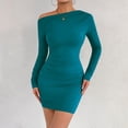 thumbnail image 2 of JIAYUE Women's Dress Mini Off Shoulder Slant Neck Long Sleeve Bodycon With Ruffle Casual Party Wear Trendy Female Dresses, 2 of 7