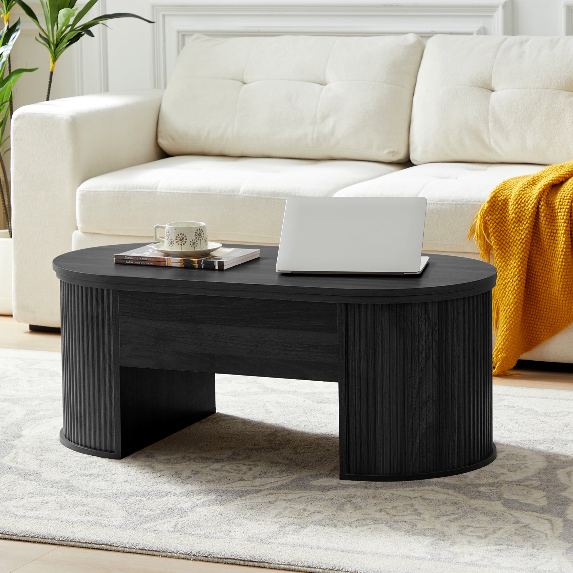 Wirrytor Lift Top Coffee Table with Storage and Open Storage Shelf, Oval Coffee Table  for Living Room, Elliptical Arc Design,Waveform Panel, Fluted Center Table,Black